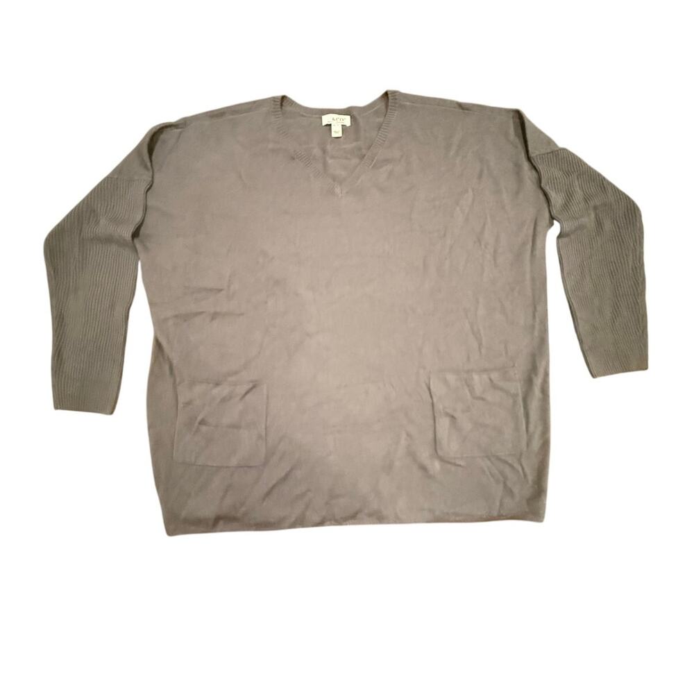 Denim & Co. Women's Gray V-Neck Drop Shoulder Tunic Pullover Sweater Pockets XL